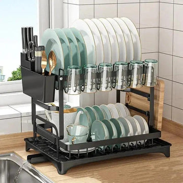 2 Tier Dish Drying Rack - Kitchen Counter Dish Organizer with Drainboard & Utensil Holders - Awesome Marketplace