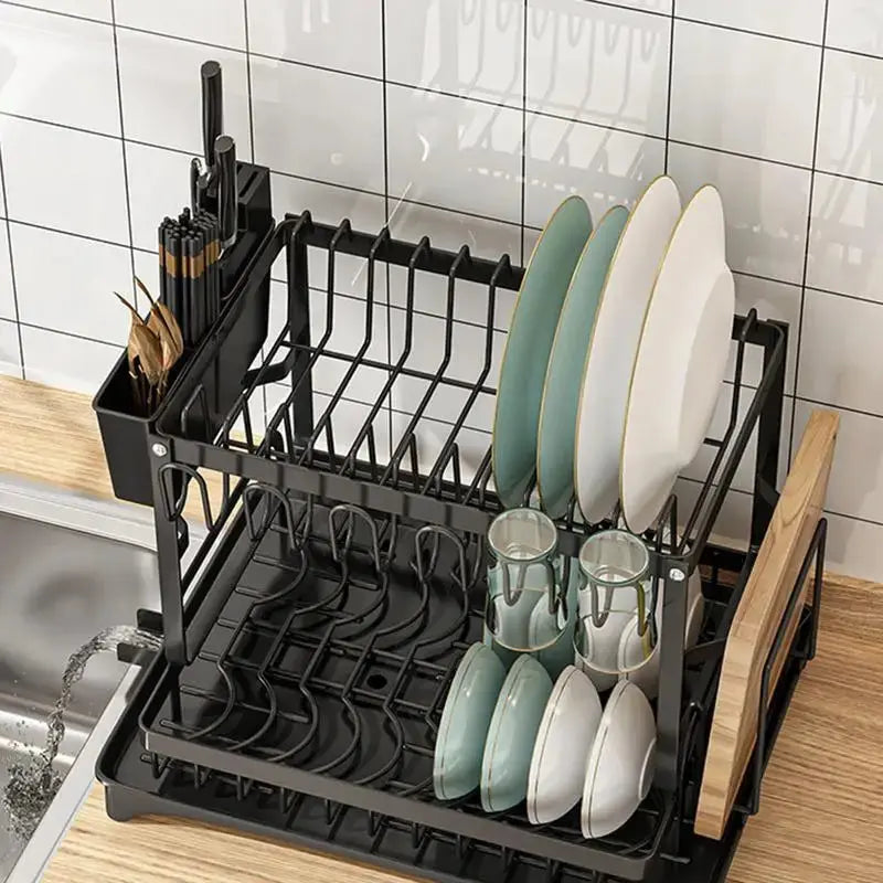 2 Tier Dish Drying Rack - Kitchen Counter Dish Organizer with Drainboard & Utensil Holders - Awesome Marketplace