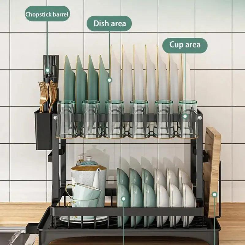 2 Tier Dish Drying Rack - Kitchen Counter Dish Organizer with Drainboard & Utensil Holders - Awesome Marketplace