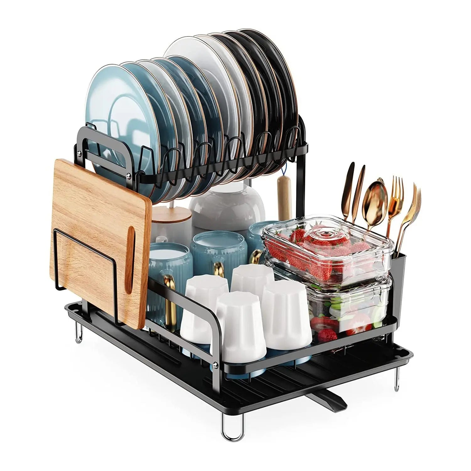 2-Tier Dish Drying Rack for Kitchen Counter Space Saving Rustproof Dish Rack with Drainboard Detachable Kitchen Drainer Organizer Set Doba