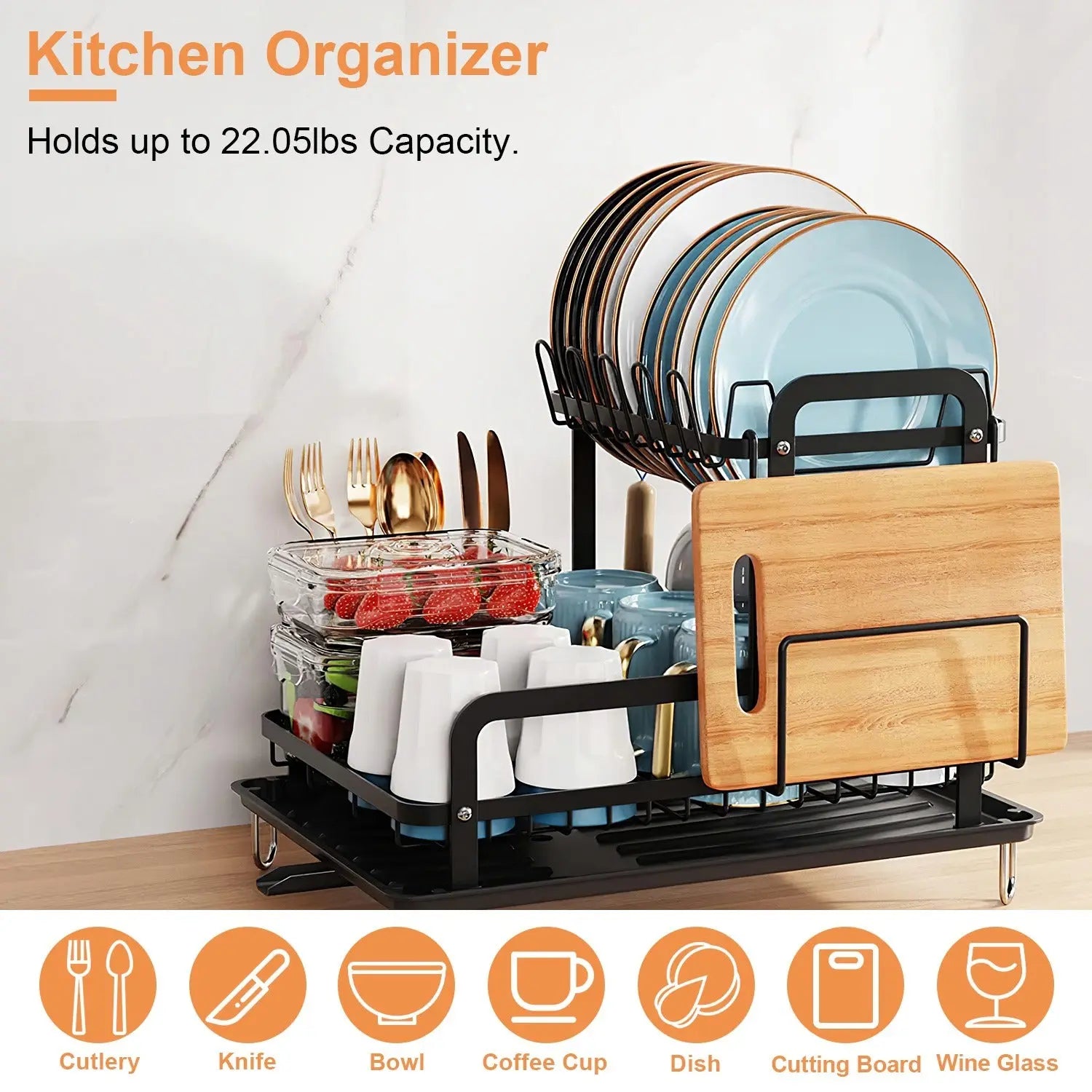 2-Tier Dish Drying Rack for Kitchen Counter Space Saving Rustproof Dish Rack with Drainboard Detachable Kitchen Drainer Organizer Set Doba