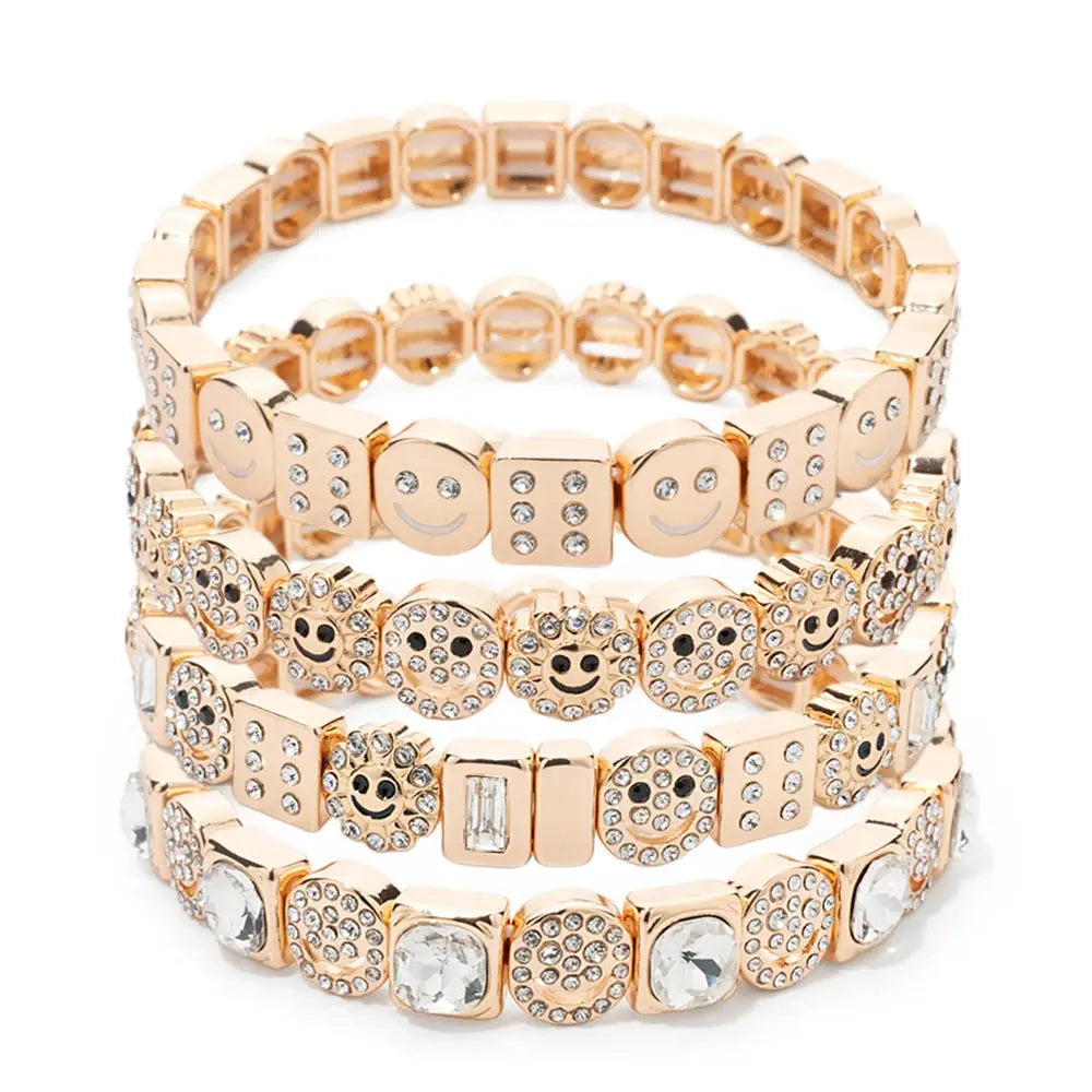 2024 Design Enamel Happy Face Inlaid Dimond Bracelet for Women Gold Color Dice Beads Elastic Bangle Boho Jewelry Accessories Awesome Markeplace