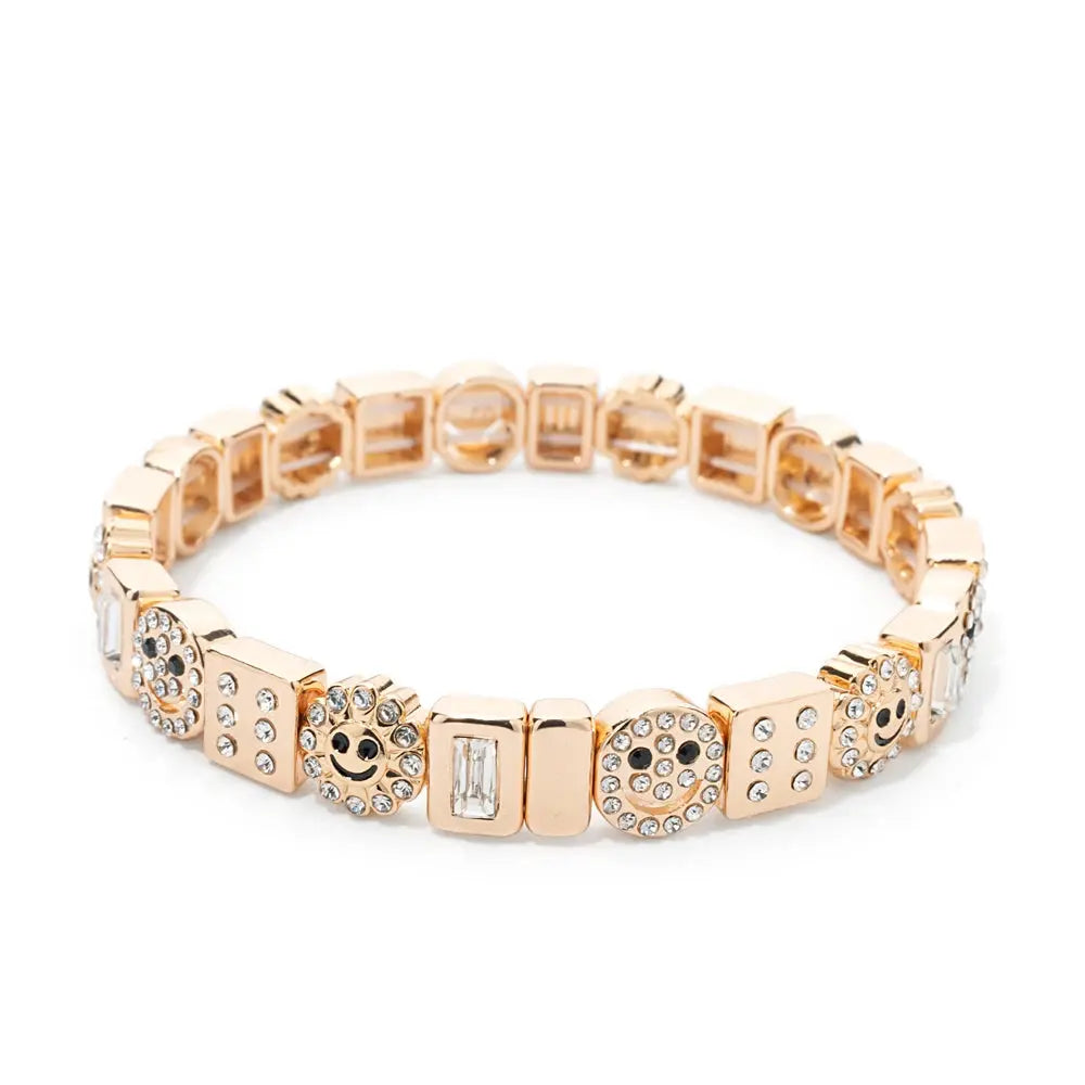 Women's Enamel Happy Face Bracelet Inlaid Diamond & Gold Dice Beads Jewelry - Awesome Marketplace