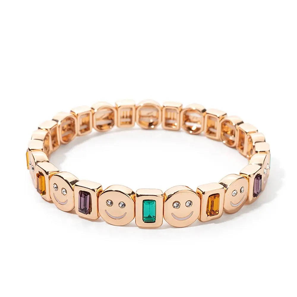 Women's Enamel Happy Face Bracelet Inlaid Diamond & Gold Dice Beads Jewelry - Awesome Marketplace