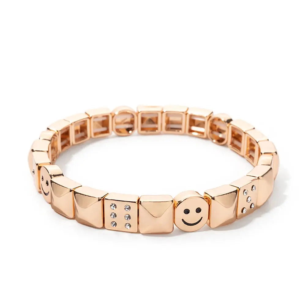 Women's Enamel Happy Face Bracelet Inlaid Diamond & Gold Dice Beads Jewelry - Awesome Marketplace