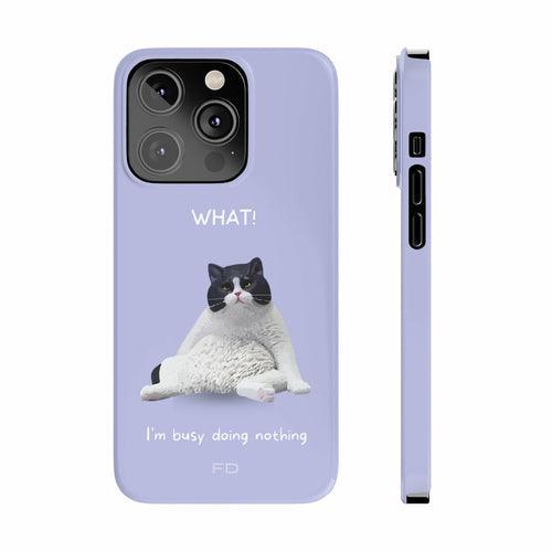 Purple Cat Slim Case for iPhone 14: Charming Protection & Style. Yellow Pandora