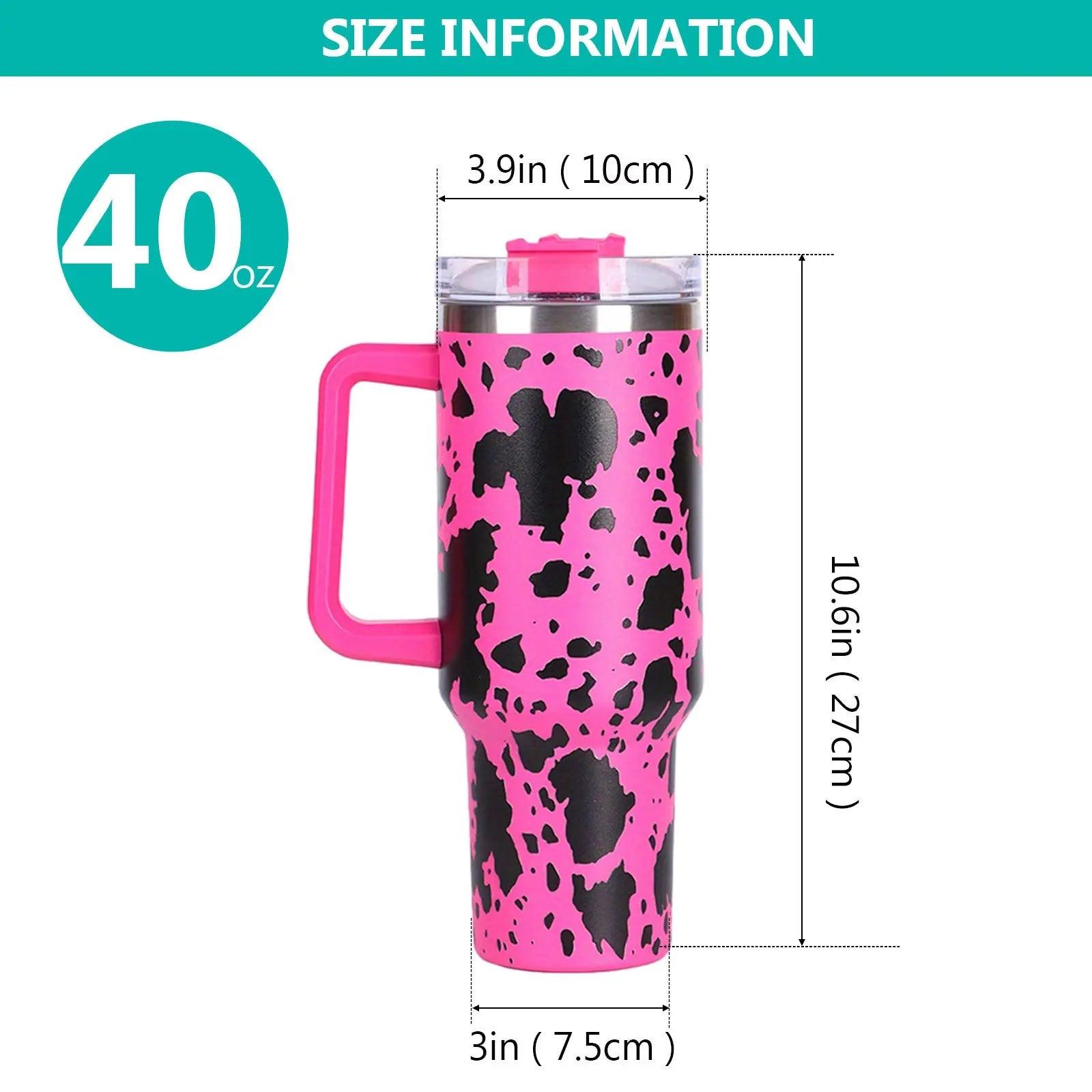 40oz 5D cowprint Insulated Tumbler With Handle And Straw Lid Portable Large Capacity water bottle, Heat preservation,304 Stainless Steel Cup For Outdoor Sports, Travel & Camping Birthday Gift Doba