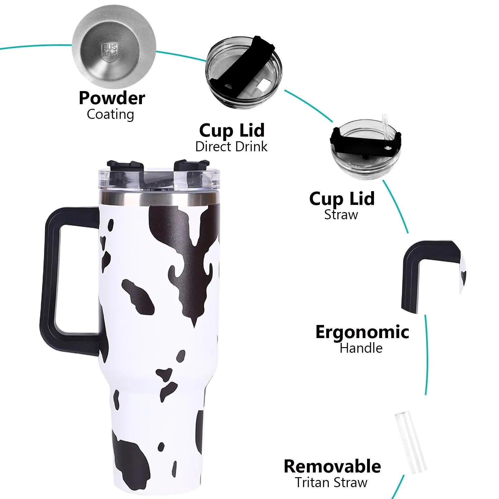 40oz 5D cowprint Insulated Tumbler With Handle And Straw Lid Portable Large Capacity water bottle, Heat preservation,304 Stainless Steel Cup For Outdoor Sports, Travel & Camping Birthday Gift Doba