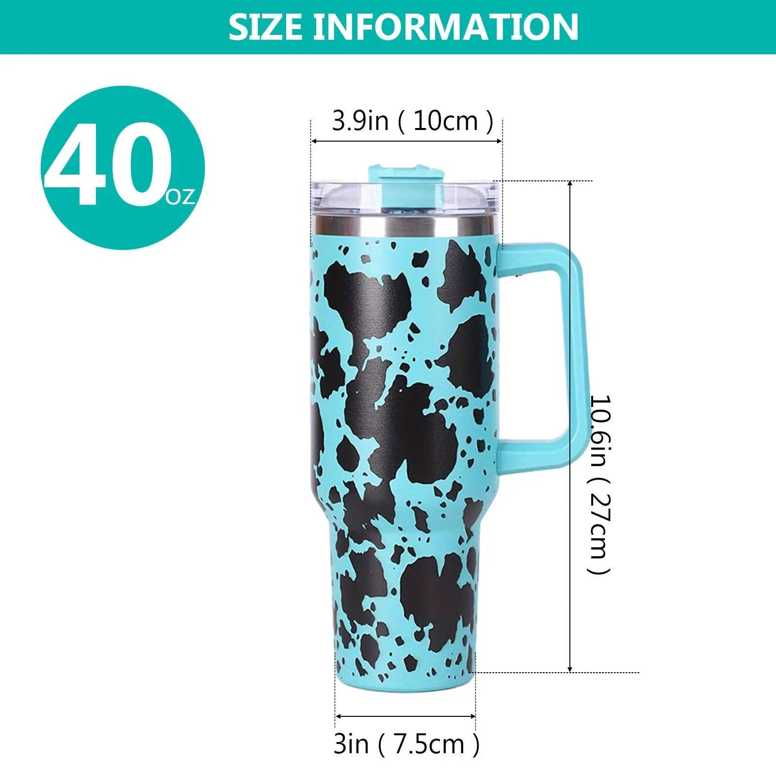 40oz 5D cowprint Insulated Tumbler With Handle And Straw Lid Portable Large Capacity water bottle, Heat preservation,304 Stainless Steel Cup For Outdoor Sports, Travel & Camping Birthday Gift Doba