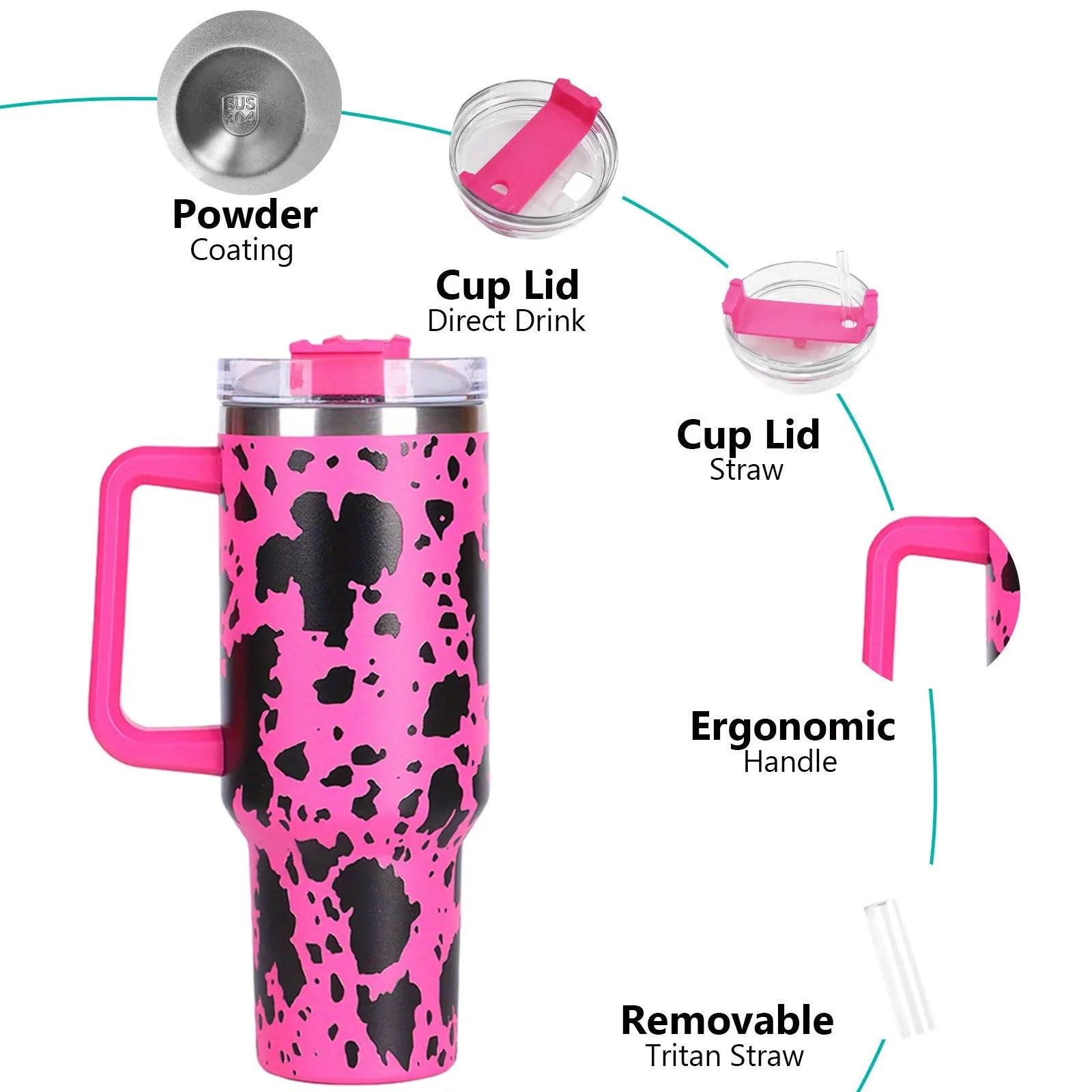 40oz 5D cowprint Insulated Tumbler With Handle And Straw Lid Portable Large Capacity water bottle, Heat preservation,304 Stainless Steel Cup For Outdoor Sports, Travel & Camping Birthday Gift Doba