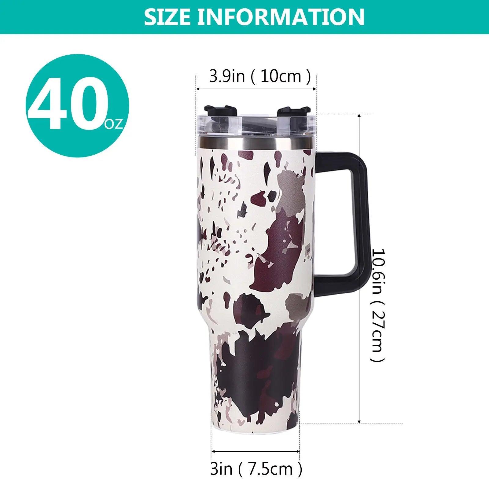 40oz 5D cowprint Insulated Tumbler With Handle And Straw Lid Portable Large Capacity water bottle, Heat preservation,304 Stainless Steel Cup For Outdoor Sports, Travel & Camping Birthday Gift Doba