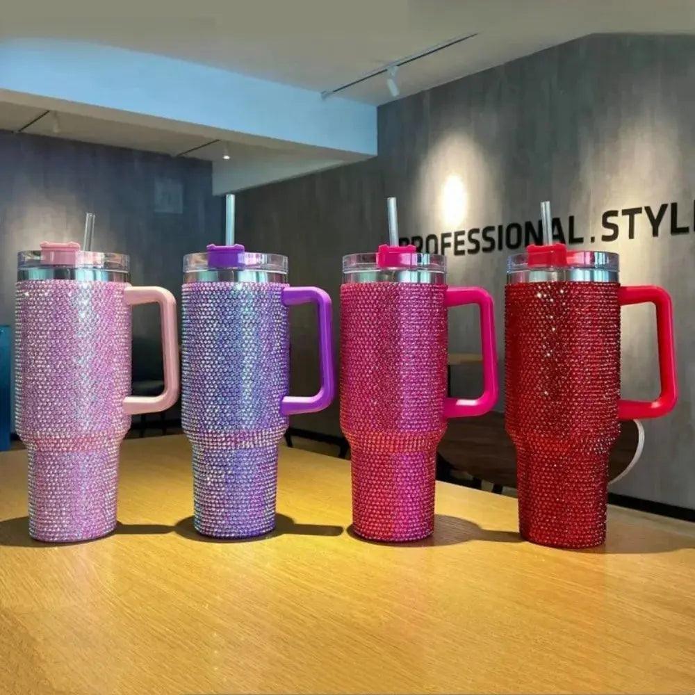 40oz Shiny Rhinestone Tumbler - Stainless Steel Glitter Cup with Straw for Women, Travel & Car - Awesome Marketplace