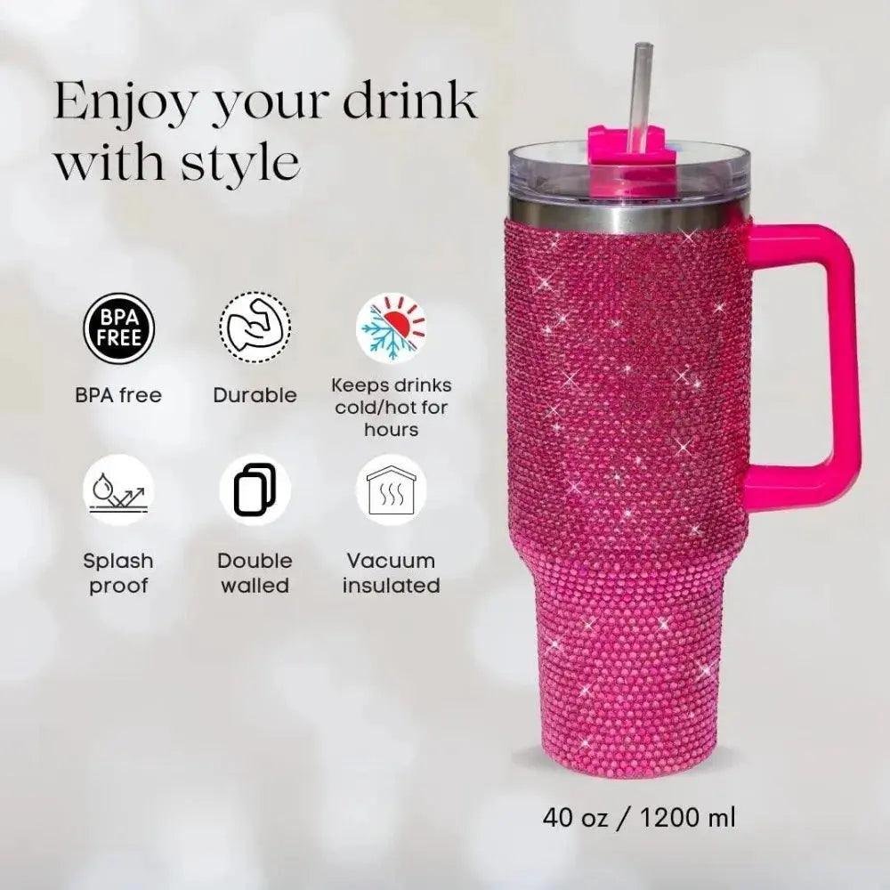 40oz Shiny Rhinestone Tumbler - Stainless Steel Glitter Cup with Straw for Women, Travel & Car - Awesome Marketplace