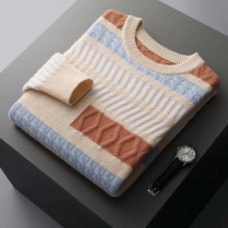 Korean Style Color-block Crew Neck Cashmere Sweater Men's Contrast Color