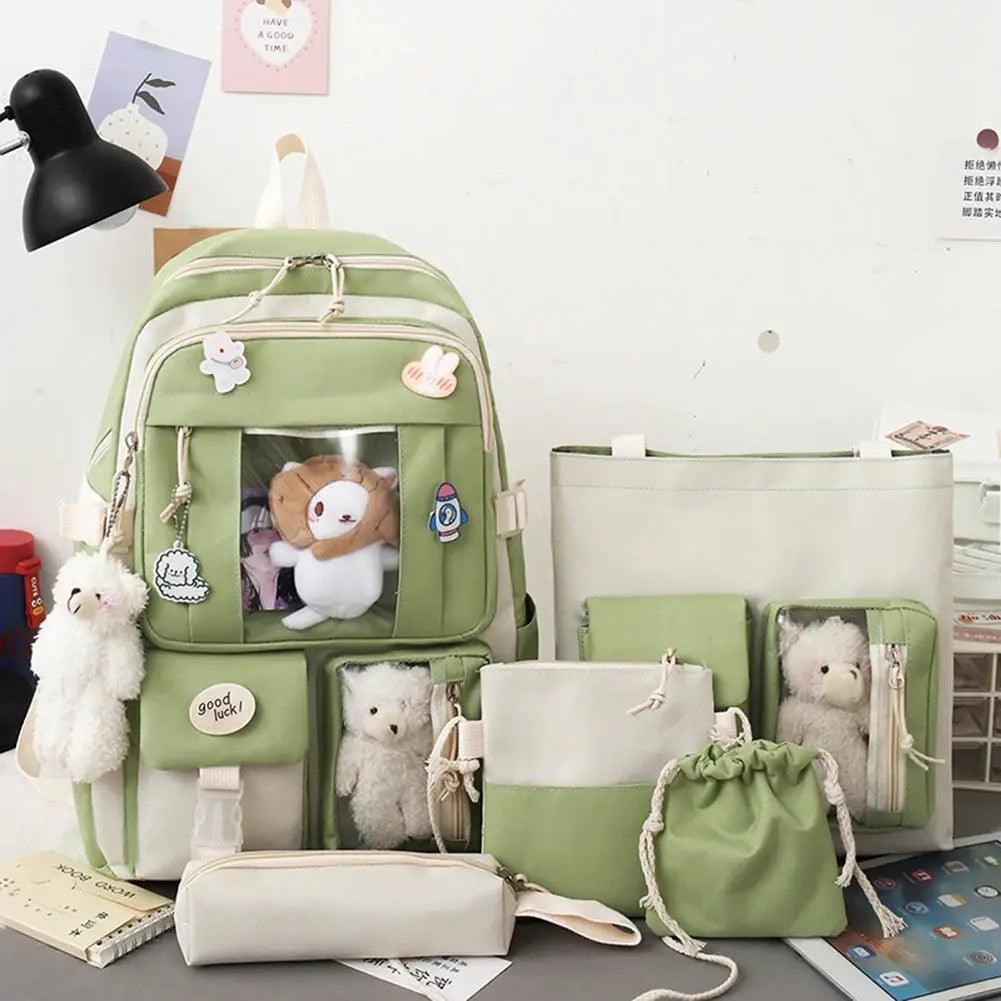 Student School Bag Set - 5 Pcs Kawaii Girls Backpack Teenager Schoolbag Book Bags Pencil Case & Travel Tote for Women - Awesome Marketplace