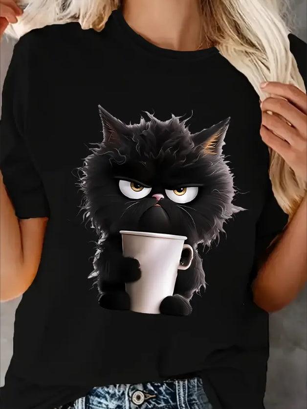 Stylish Cat Lover's Tee - Soft, Breathable, Comfort Fit Short Sleeve Top With Fashionable Black Cat Print - Perfect For Casual Daily Wear in usa to usa