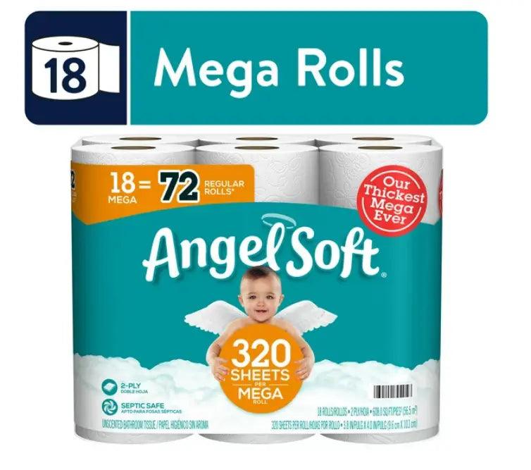 Angel Soft Toilet Paper;  18 Mega Rolls Doba