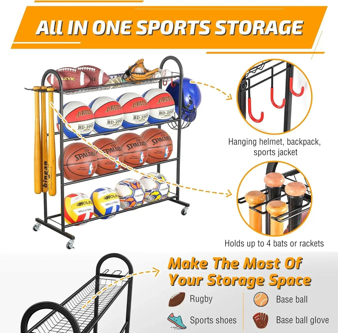 Basketball Rack, Rolling Ball Storage with Baseball Bat Holder and Hooks, Sports Equipment Storage with Wheels for Volleyb Awesome Marketplace