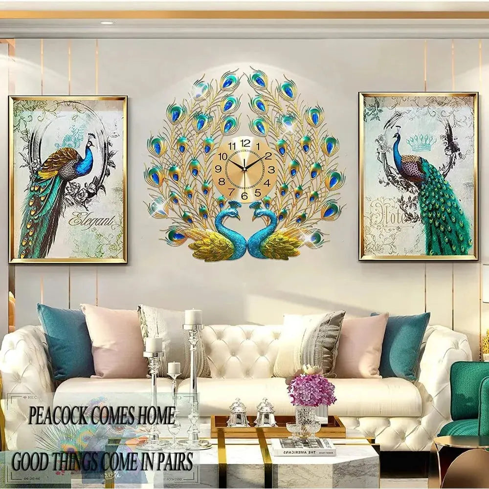 Big Peacock Wall Clock, 27.6-inch Non Ticking Silent Crystal Creative Personalized Modern Art Living Room Decoration Wall Clock Awesome Marketplace