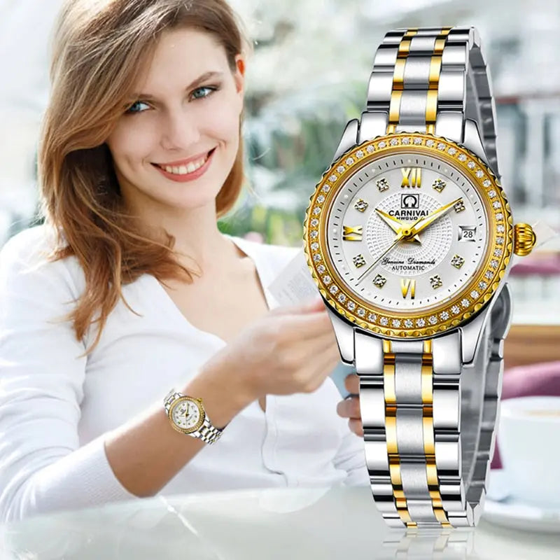 CARNIVAL Women's Diamond Automatic Watch Elegant Stainless Steel Bracelet - Awesome Marketplace