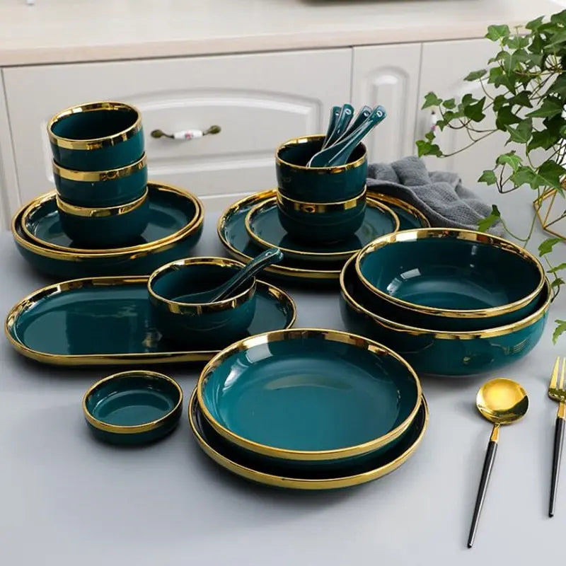 Dining with Gold Rim Green Ceramic Steak Plate – Premium Dinnerware Set for Family - Awesome Marketplace