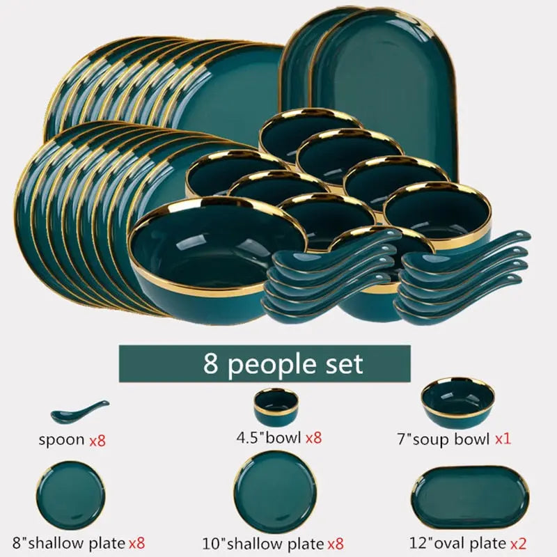 Dining with Gold Rim Green Ceramic Steak Plate – Premium Dinnerware Set for Family - Awesome Marketplace