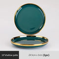 Dining with Gold Rim Green Ceramic Steak Plate – Premium Dinnerware Set for Family - Awesome Markeplace