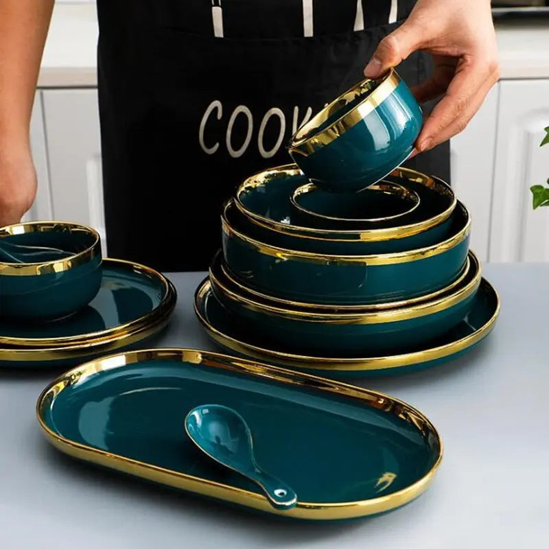 Dining with Gold Rim Green Ceramic Steak Plate – Premium Dinnerware Set for Family - Awesome Markeplace