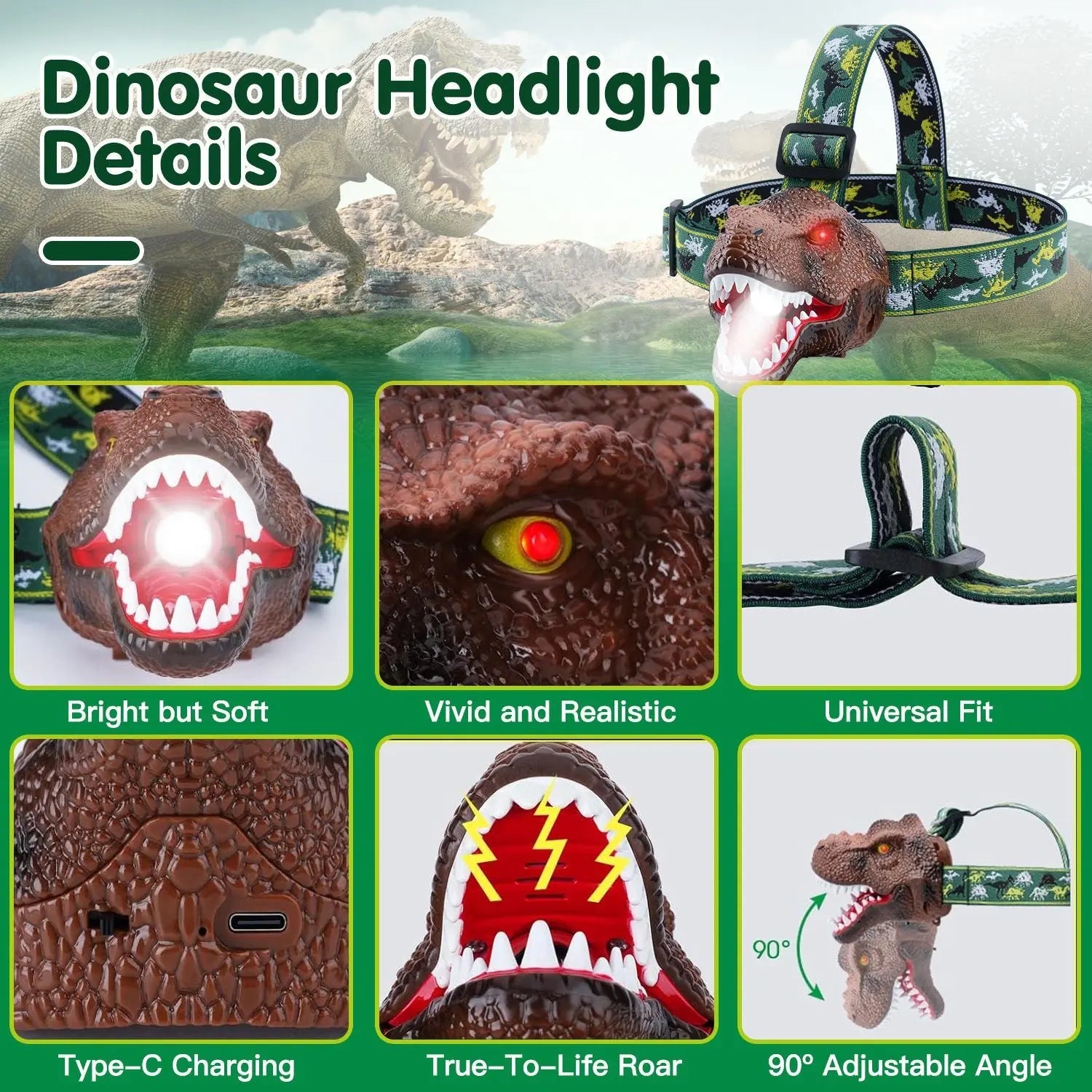 Dinosaur Headlamp Kids Headlight Dinosaur Flashlight with Realistic Roar Sound 4 Modes Adjustable Headband Kid Camping Gear Unique Gifts for Boys Doba