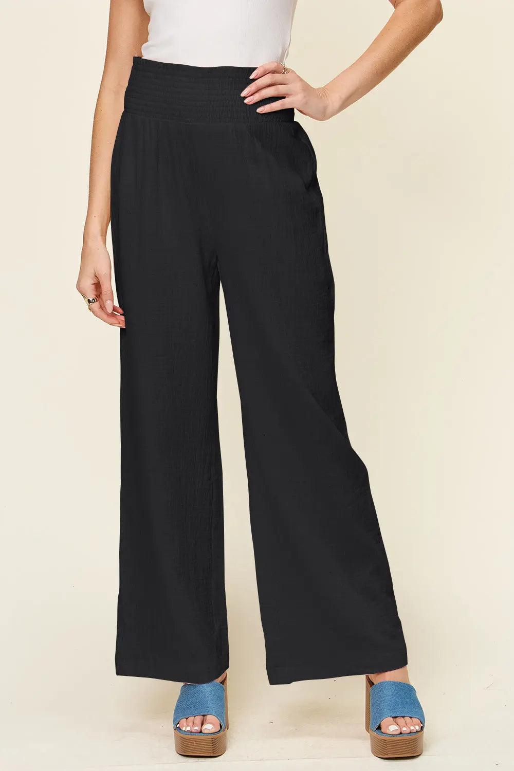 Double Take Full Size Texture Smocked Waist Wide Leg Pants Trendsi