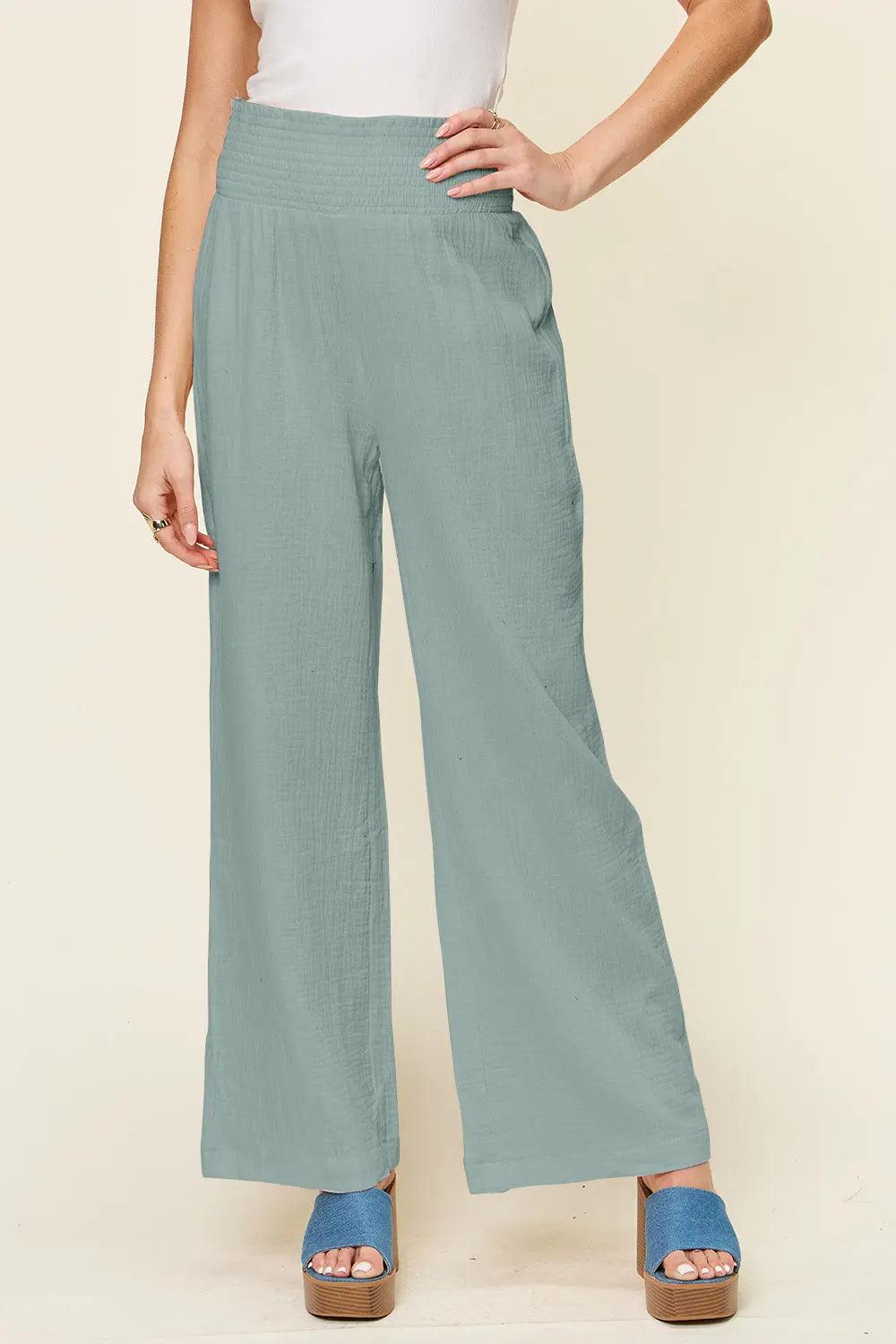 Double Take Full Size Texture Smocked Waist Wide Leg Pants Trendsi