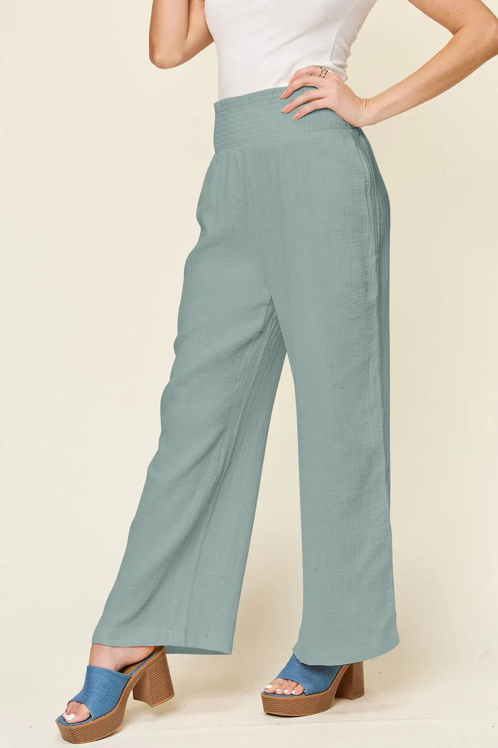 Double Take Full Size Texture Smocked Waist Wide Leg Pants Trendsi