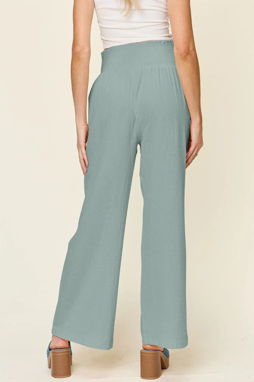 Double Take Full Size Texture Smocked Waist Wide Leg Pants Trendsi