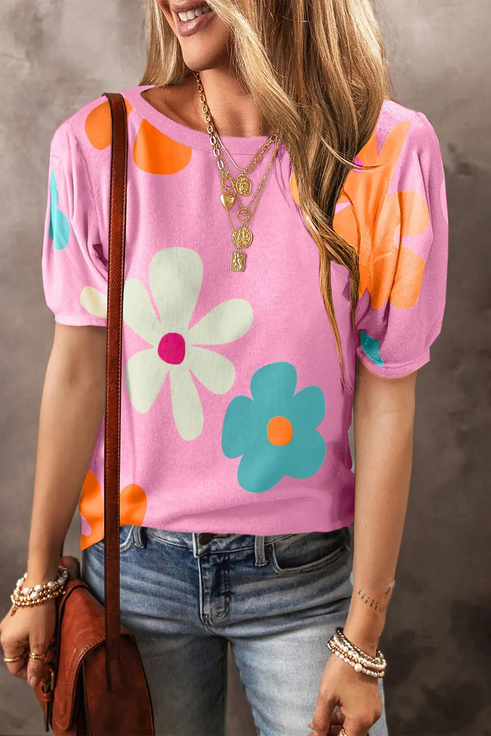 Flower Round Neck Short Sleeve Blouse Trendsi