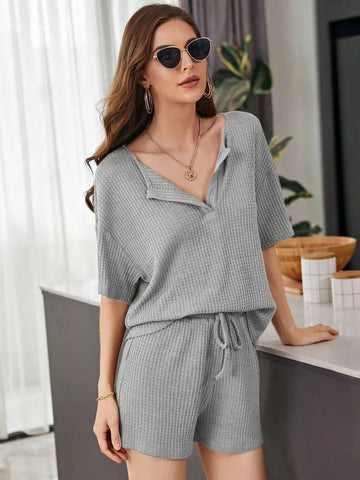 Full Size Waffle-Knit Dropped Shoulder Top and Shorts Set Trendsi