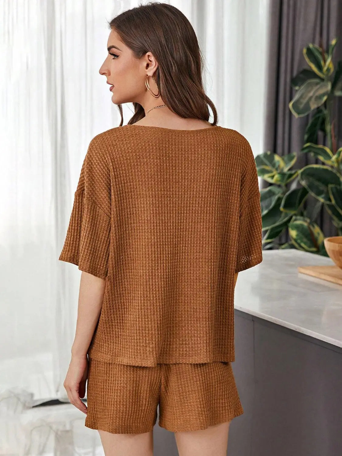 Full Size Waffle-Knit Dropped Shoulder Top and Shorts Set Trendsi