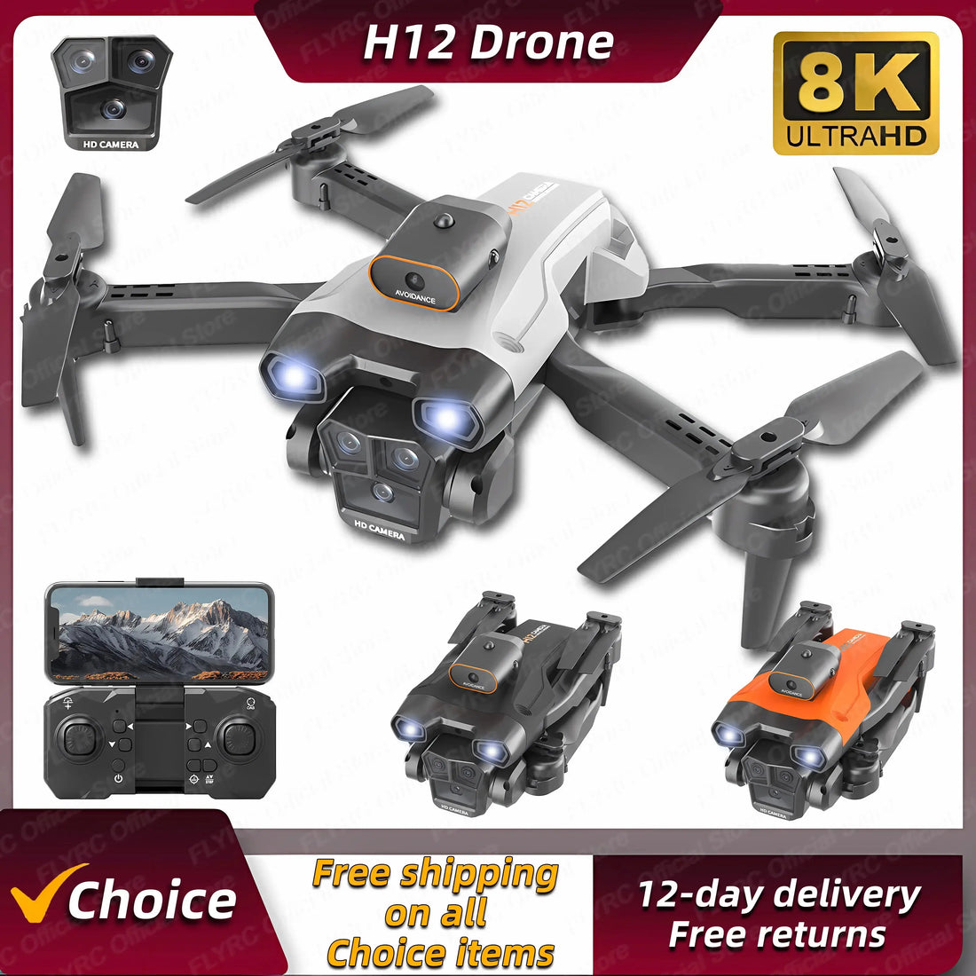 H12 Mini Drone 8K Three-Camera Wide Angle Optical Flow Localization Obstacle Avoidance RC Quadcopter Awesome Markeplace