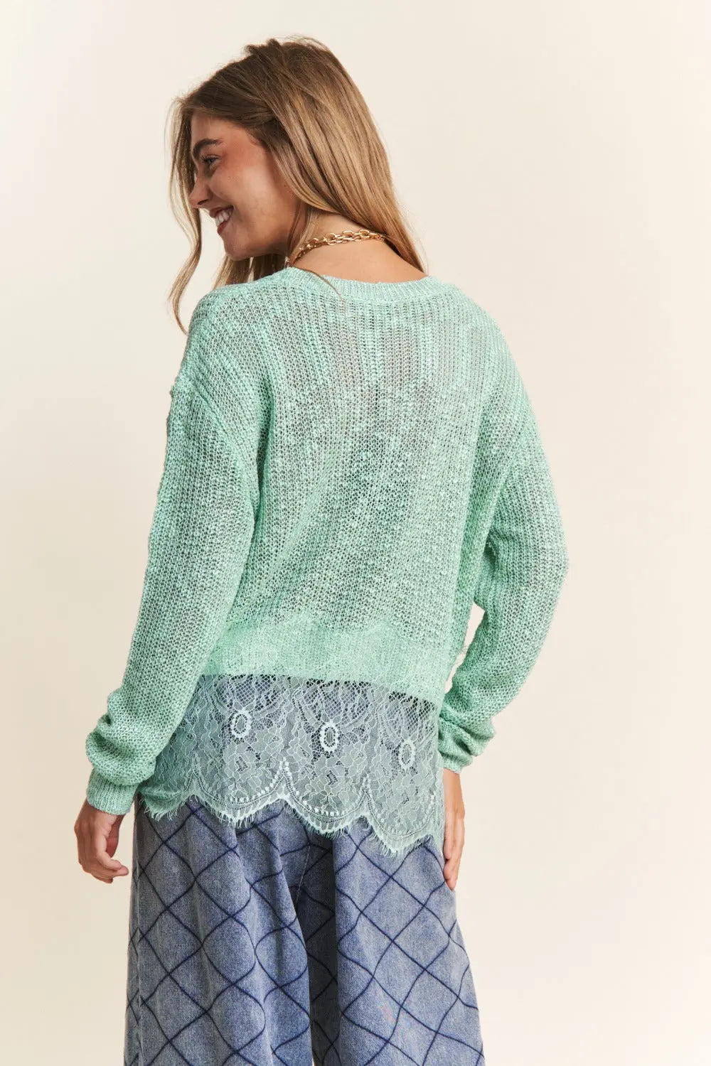 J.NNA Lace Detail Long Sleeve Knit Top Trendsi