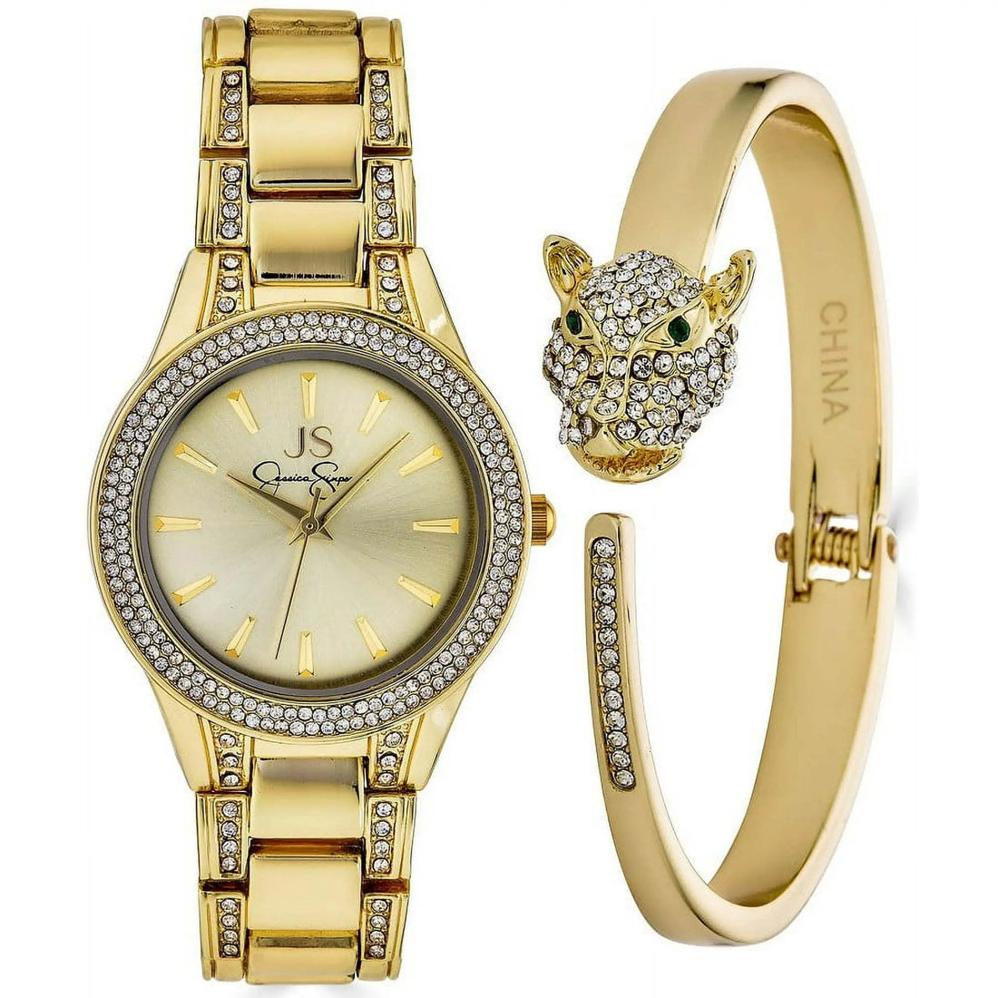 Jessica Simpson Ladies 34mm Gold Tone Crystal Accent Mother Of Pearl Dial Bracelet Watch & Crystal Encrusted Panther Bangle Doba