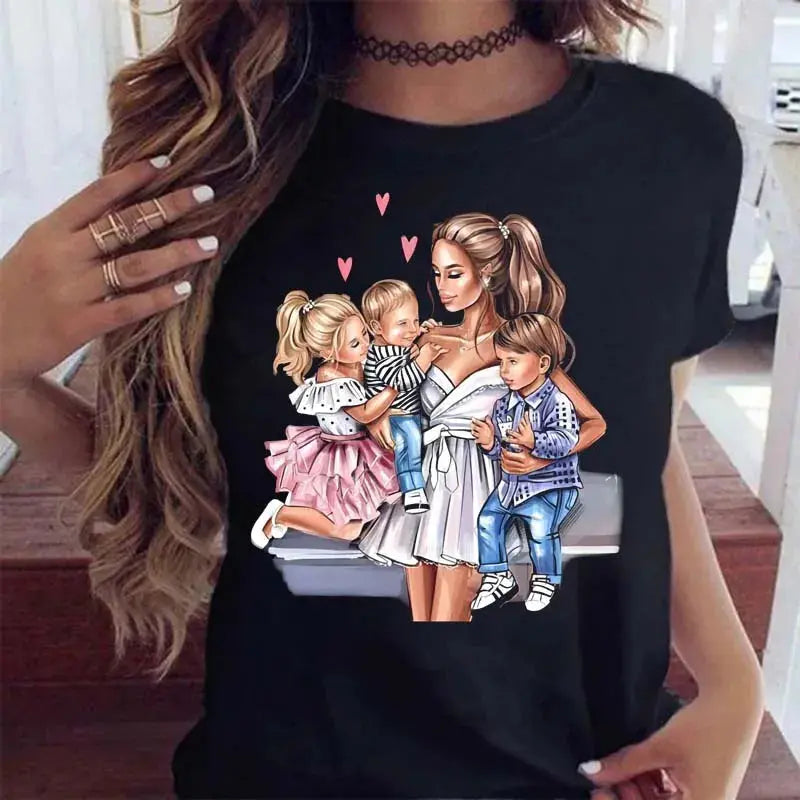 Maycaur Women T Shirt Cartoon Mom with Sons Shirt Fashion Print Casual Woman Tee Ladies Female T-shirt Short Sleeve T Top Shirt Awesome Markeplace