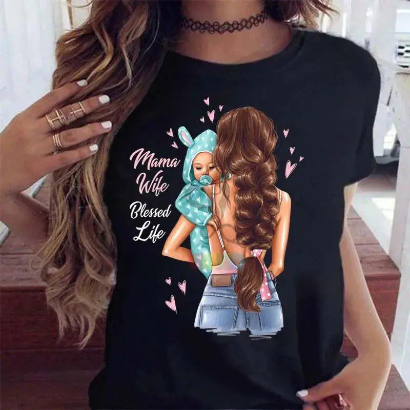 Maycaur Women T Shirt Cartoon Mom with Sons Shirt Fashion Print Casual Woman Tee Ladies Female T-shirt Short Sleeve T Top Shirt Awesome Markeplace