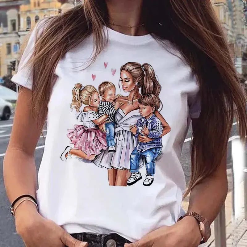 Maycaur Women T Shirt Cartoon Mom with Sons Shirt Fashion Print Casual Woman Tee Ladies Female T-shirt Short Sleeve T Top Shirt - Awesome Markeplace