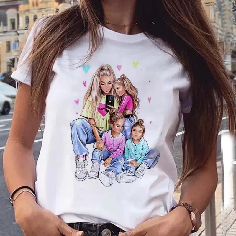 Maycaur Women T Shirt Cartoon Mom with Sons Shirt Fashion Print Casual Woman Tee Ladies Female T-shirt Short Sleeve T Top Shirt - Awesome Markeplace