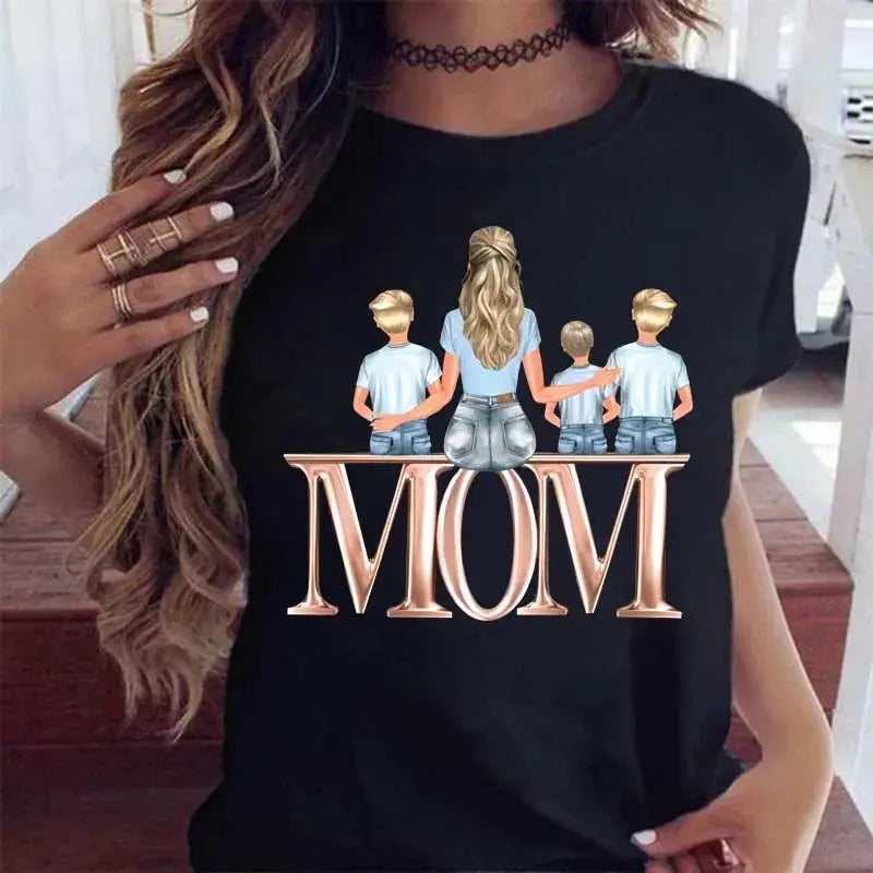 Maycaur Women T Shirt Cartoon Mom with Sons Shirt Fashion Print Casual Woman Tee Ladies Female T-shirt Short Sleeve T Top Shirt - Awesome Markeplace