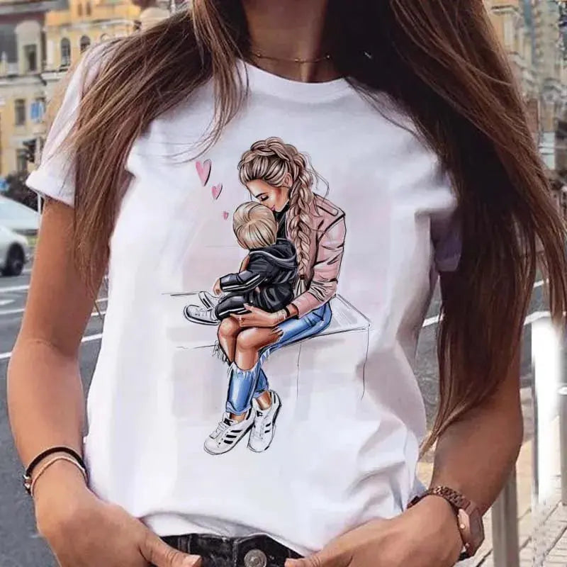 Maycaur Women T Shirt Cartoon Mom with Sons Shirt Fashion Print Casual Woman Tee Ladies Female T-shirt Short Sleeve T Top Shirt Awesome Markeplace