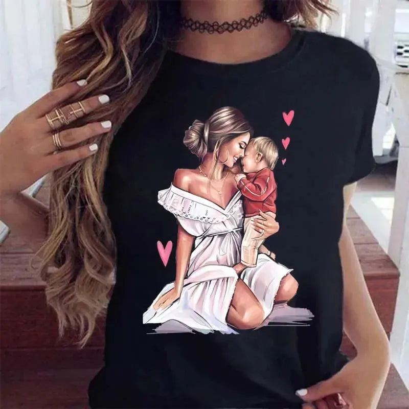 Maycaur Women T Shirt Cartoon Mom with Sons Shirt Fashion Print Casual Woman Tee Ladies Female T-shirt Short Sleeve T Top Shirt Awesome Markeplace