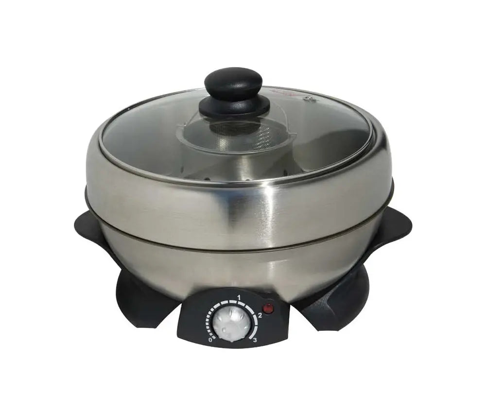 Multi-Function cooking: Hot Pot, Grill, Steam and Cook. See through tempered glass lid. Carmine Angel