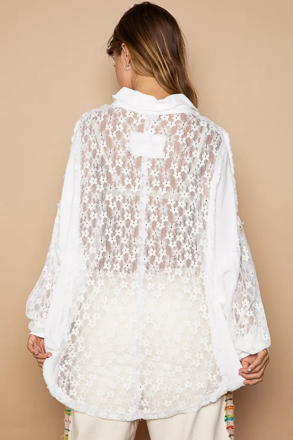 POL Oversize Lace Button-Down Shirt Trendsi