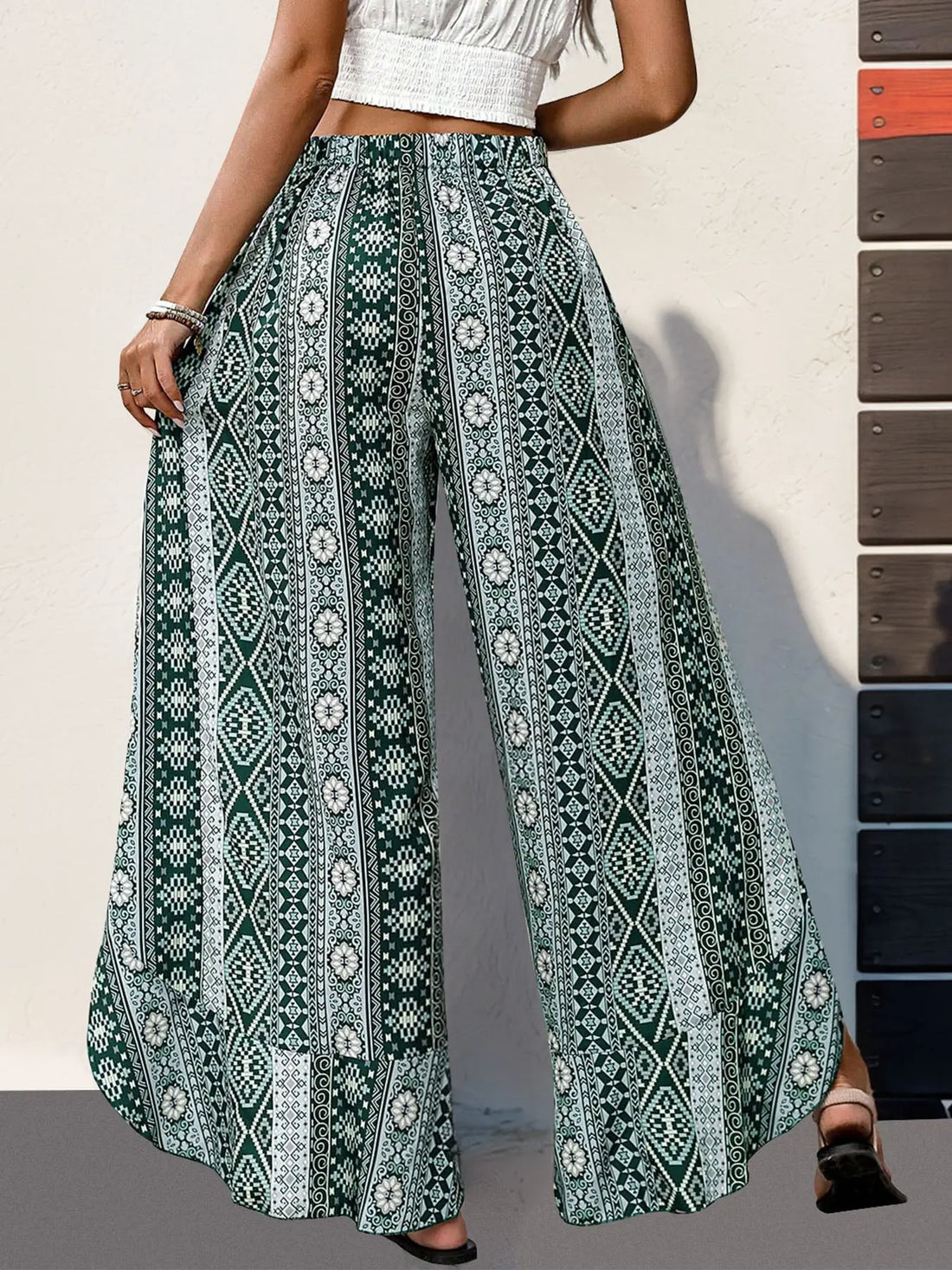 Perfee Slit Ruffled Geometric Wide Leg Pants Trendsi