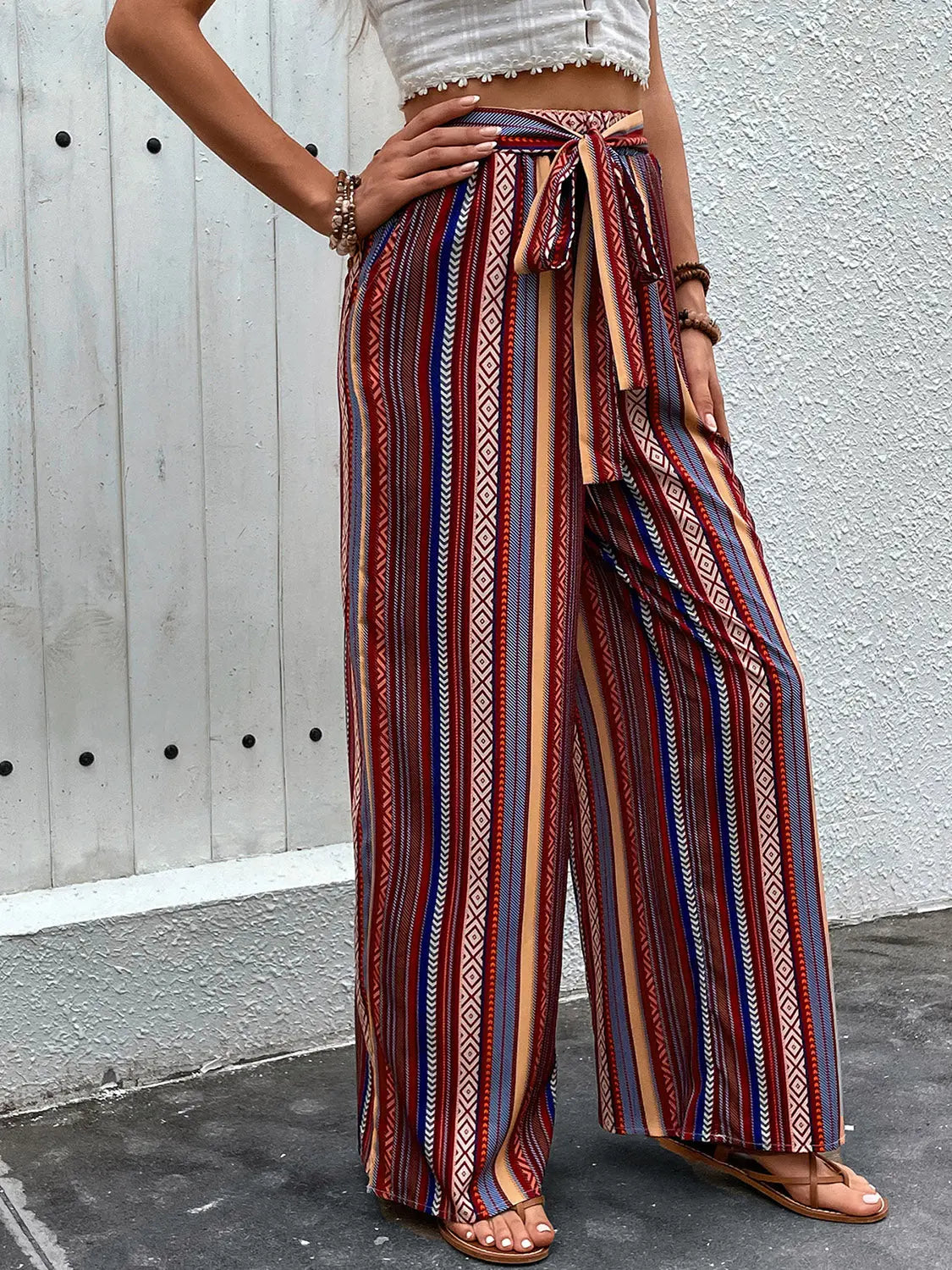 Perfee Tied Geometric Wide Leg Pants Trendsi